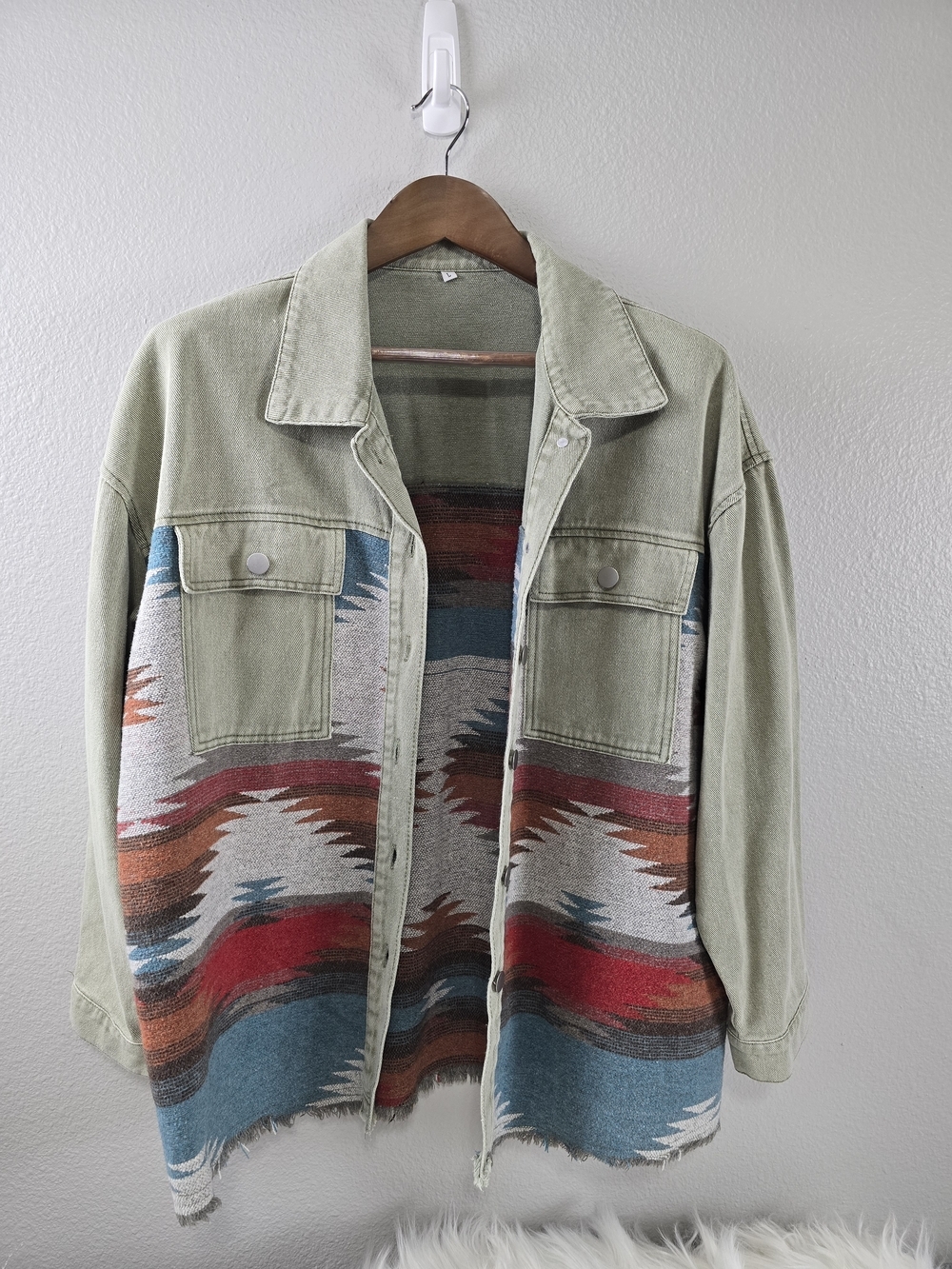 Olive Green Denim Jacket with Southwestern Woven Panels